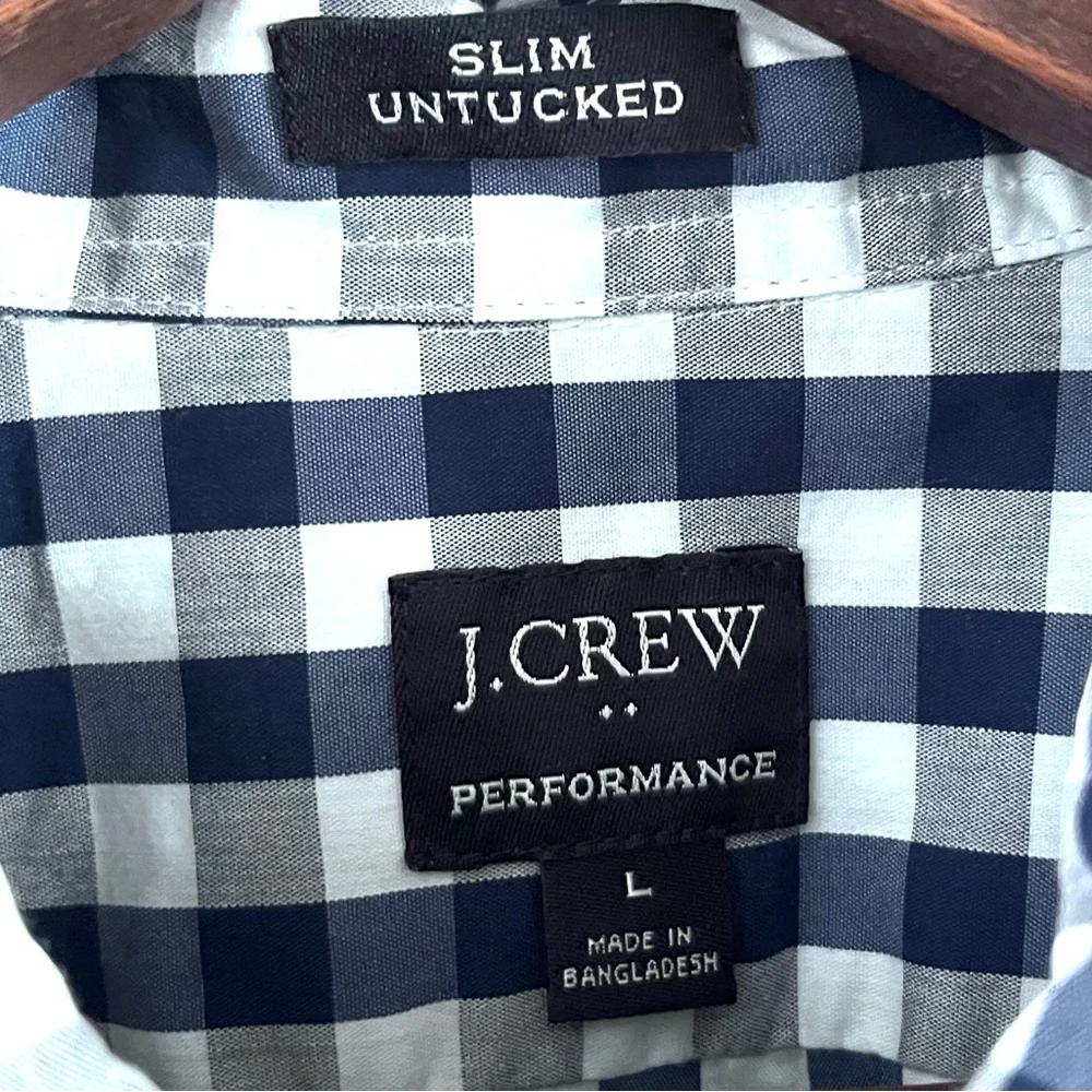 J. Crew Navy and White Gingham Men's Slim UnTucked Performance Size Large Shirt